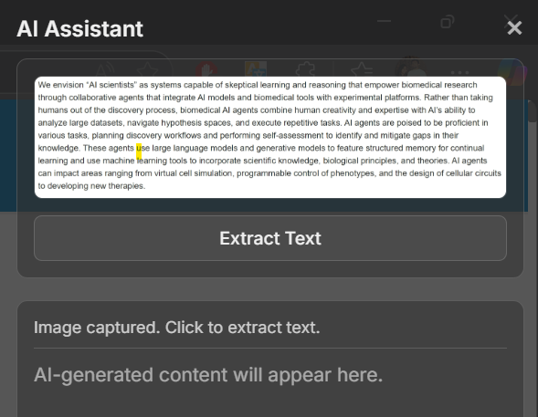 Sidebar with extracted text and AI actions