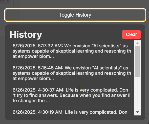History panel with previous queries